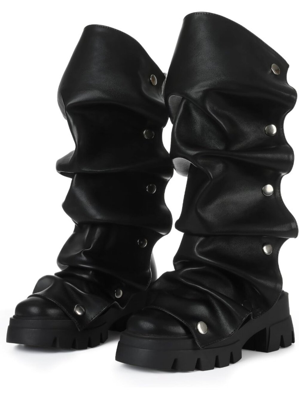 Women's Black Slouchy Fold Over Fashion Chunky Heel Non-Slip Wide Calf Boots